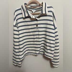 J.Crew Striped Collared Sweatshirt Large Coastal Chic French Nautical Style